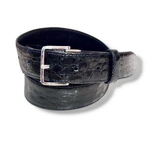 LARUSMIANI Black Crocodile Leather Belt Silver Tone Buckle Size 37.4”/95 cm